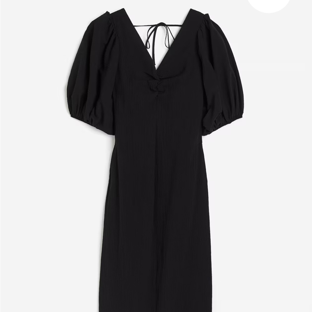 H&M Textured Black V-Neck Midi Dress with Balloon Sleeves (Fits like M)